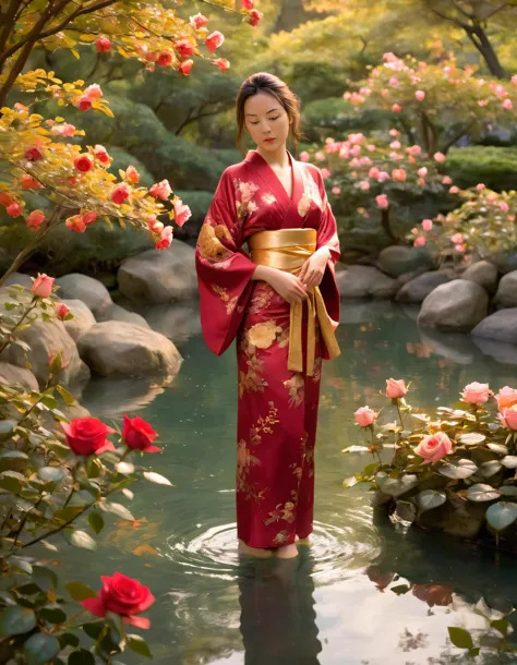 In the heart of the garden, a radiant young woman in a crimson-hued kimono, adorned with golden roses, stands amidst the tranquil blooms, her beauty and grace emanating an enchanting glow that reflects off the serene water's surface. Rose <lora:tuywym18fbf2f77aan502:1>