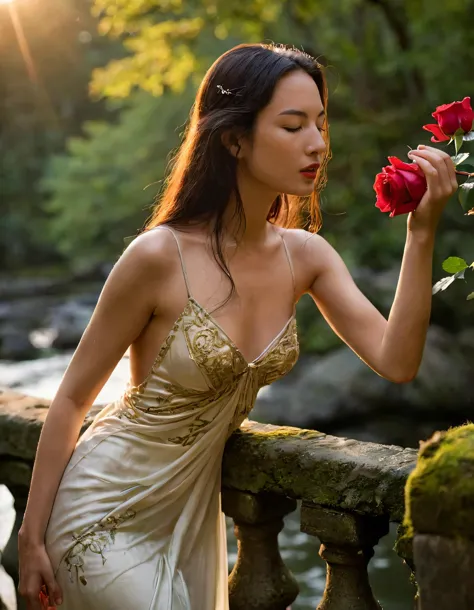 In the golden hour's ethereal embrace, a captivating young woman, her luminous skin kissed by the sun'softest caresses, stands atop an ancient stone bridge overlookinga serene lake nestled between verdant hillsand towering, moss-covered trees. Her eyes, a striking blend emerald green and molten amber, reflect fading light, revealing quiet strength that mirrors bridge timeless resilience. Draped in flowing gown ivory silk, delicately embroidered with intricate patterns reminiscent celestial constellations, she exudes air regalelegance elegance. Her long, raven hair cascades down back like waterfall of obsidian silk, the tendrils catching golden light and shimmer like strands of liquid gold. Her pose is graceful yet defiant, one hand on bridge weathered railing while other cradles delicates rose, vibrant red petals stark contrast monochromatic attire attire. The background blurred is a boke dappled boh, the setting casting long shadows across scene creating sense depth mystery. A gentle breeze rustles through leaves causing them to sway and dance around her, as if whisper secrets only she can hear. Her posture gaze way she holds rose, all speak volumes about inner turil, her dreams fears, hopes, dreams, and unyielding spirit, making image poignantocative testament to the beauty strength complexity of femininity. Rose <lora:tuywym18fbf2f77aan502:1>