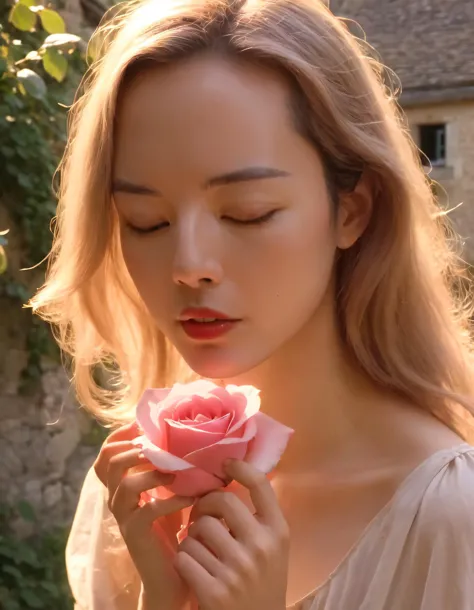 a woman holding a pink rose in her hand in front of a house