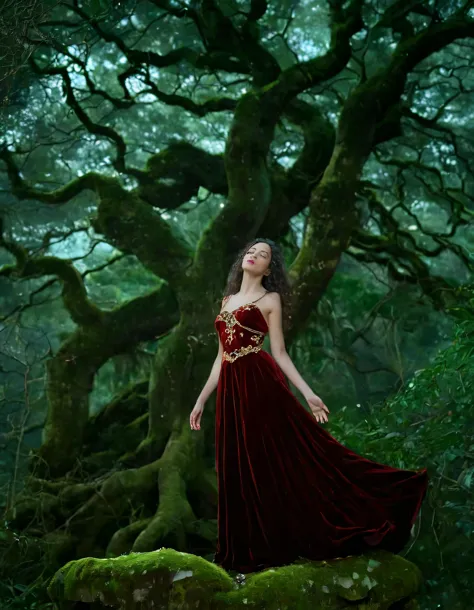 A captivating young woman with cascading raven curls adorned in a crimson velvet gown with intricate golden embrodery, stands atop moss-covered stone altar amidst sea towering emerald trees,their leaves gently rustling in cool night breeze. Her delicate features, bathed in soft ethereal glowing moonlight filtering through canopy above, are accentuated by expressive sapphire eyes, filled intense longing melancholy reaching out beyond frame, inviting viewer share emotional turmoil. The camera angle is low one, looking up at her from below, emphasizing regal beauty vastness woodland surrounding her while also hinting vulnerability beneath stoic façade. Her slender fingers are intertwined branches overhead, adding element mystery to her presence ancient woodland, while shimmerse sense isolation she feels amidst the ancient woodland. The backdrop of forest, dense foliage casting dramatic shadows across face, adds elements mystery intrigue while also reincing sense isolation she feels amidsthe ancient woodland. The white luminous flowers scattered bout her feet seem to shimmer and glitter in moonlight, as if homage haunting grace. Rose <lora:tuywym18fbf2f77aan502:1>