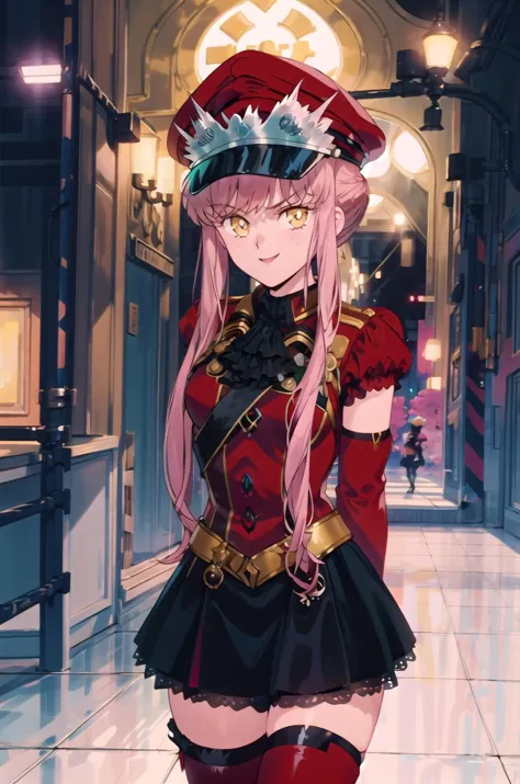 masterpiece,best quality, 1girl, solo, dark, night, crazy smile, looking at viewer, standing, black background, cowboy shot, arms behind back,
medb \(fate\), peaked cap, red thigh boots, black skirt, military uniform, white gloves, hair bun, <lora:MedbV8-000007:1>,  <lora:smv1-10:0.9>