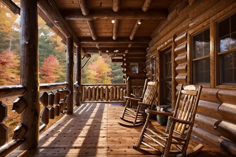 Front of a log cabin in the north georgia mountains in the fall, A light is on on the porch, a tired old man in his 70's sits on...