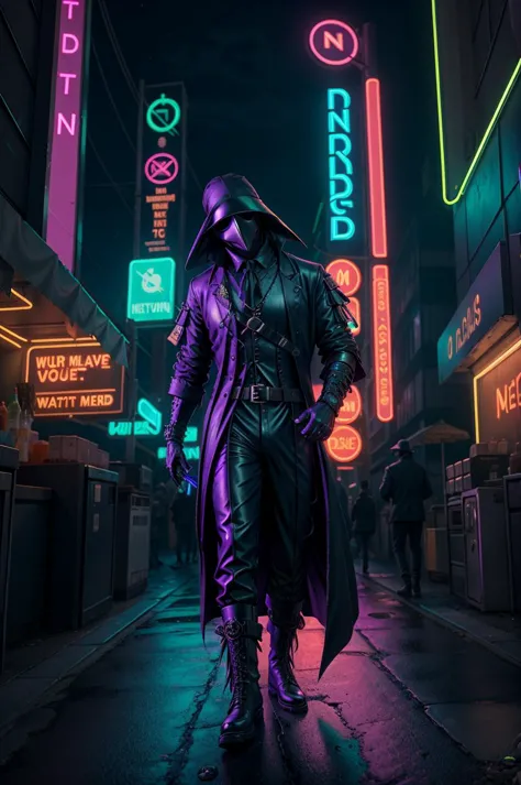 plague doctor in cyberpunk city, night, neon