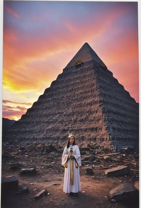 ((Close up [Slovak | Brazilian | Estonian] 33 yo priestess woman in spiritually significant ceremonial sacrifice dress))((standing atop  mystical diamond and gold embedded marble pyramid apex pyramidian)) located within [the Amazon | Rocky Mountains | Bermuda] ((outside is vibrant colorful sunset after terrible [hurricane | tornado | volcanic eruption])) style of [1970's Polaroid | Vogue magazine | British museum archives] BREAK(post-processing: oversharpen, expert dodge and burn, ISO 400 color film noise, corner darken vignette) 