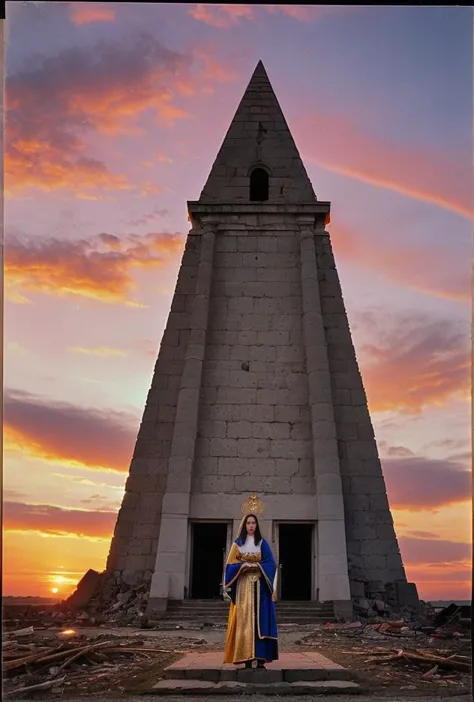 ((Close up [Slovak | Brazilian | Estonian] 33 yo priestess woman in spiritually significant ceremonial sacrifice dress))((standing atop  mystical diamond and gold embedded marble pyramid apex pyramidian)) located within [the Amazon | Rocky Mountains | Bermuda] ((outside is vibrant colorful sunset after terrible [hurricane | tornado | volcanic eruption])) style of [1970's Polaroid | Vogue magazine | British museum archives] BREAK(post-processing: oversharpen, expert dodge and burn, ISO 400 color film noise, corner darken vignette) 