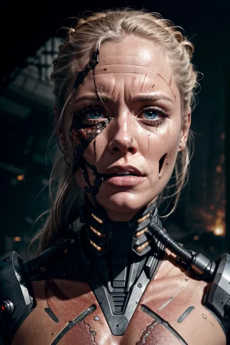 RAW photo, hyper-realistic, Generate a realistic image inspired by the Terminator franchise, depicting the face of a battle-damaged female cybernetic organism. The face is divided into two halves: on the left side, the visage appears to be that of a resilient woman, with lifelike skin,highly detailed eyes and skin, delicate features, and signs of determination. On the right side, however, the illusion of humanity is shattered, revealing the exposed, damaged exoskeleton beneath the surface of the skin.
Render the human side of the face with meticulous attention to detail, capturing the intensity and grit of a battle-hardened warrior. Utilize high-resolution textures to depict the resilient skin, portraying a mix of determination, sweat, and possibly a few battle scars. Enhance the realism by incorporating dynamic lighting techniques that emphasize the character's determination and strength, casting shadows that add depth and intensity to the facial expression.
On the damaged robotic side, reveal a combination of damaged and torn skin that exposes the metallic exoskeleton beneath. The skin should appear to be peeling or partially torn, revealing the intricate machinery situated beneath it. Employ advanced AI rendering techniques to bring out the details of the exposed exoskeleton, showcasing the battle-inflicted scars, ruptured joints, and sparks of malfunctioning circuitry. The metallic exoskeleton should be positioned deeper within the face, conveying the sense that it resides beneath the torn skin.
Create a contrast between the warm, human side and the cold, damaged robotic side by utilizing a lighting scheme that highlights the stark divide between organic and artificial elements. Experiment with lighting angles to accentuate the battle damage and provide depth to the damaged robotic side. Use orange lighting on the damaged side to create an otherworldly and menacing atmosphere, while also highlighting the exposed exoskeleton beneath the torn skin.
In the background, incorporate a dystopian environment that further enhances the sense of destruction and battle. Utilize smoky atmospheres, crumbling structures, or shattered remnants of technology to reinforce the theme. This backdrop will enhance the overall atmosphere and convey a post-apocalyptic setting.
Ensure that the final image effectively portrays the resilience and battle-worn nature of the female Terminator, juxtaposing the vulnerability of human skin with the exposed exoskeleton beneath the damaged surface. The attention to detail, realistic rendering, and careful lighting techniques, including the use of torn skin and the placement of the exoskeleton deeper within, will contribute to a visually captivating and immersive representation of the battle-damaged female Terminator's face.
 
