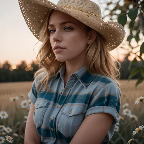 höchste Qualität, natürliche Beleuchtung, Foto von einem (schöne Frau mit üppigen blonden Haaren), perfektes Gesicht, blaue Augen, [natürliches Make-up], (trägt Flanellhemd und Daisy Dukes), Cowboy-Hut, Verführerische Pose, athletischer Körper, (detaillierte Haut), [[Schönheitsflecken]], feine Details, Goldene Stunde, Sonne im Hintergrund, Maisfeld im ländlichen Pennsylvania, [[[Porträt]]], auf einer Sony A7R V fotografiert, 85mm F1.2 L Makroobjektiv, (sehr detailliert, aufwendig detailliert), HDR, 8k, Film wie, (Kodak Portra 400) Farbnegativfilm, Abgelaufener Film, Schattenwurf, (Silhouette:0.5), Hintergrundbeleuchtung, (film Getreide:1.2), Getreide, medium closeup, [[[closeup]]]