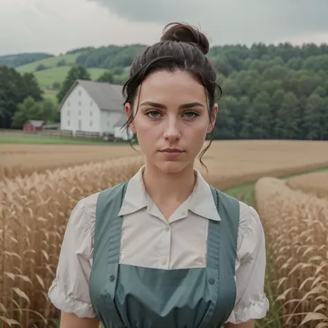 Masterpiece, perfect portrait, (RAW), natural lighting, photo of a (beautiful 35 year old Amish woman with short black hair pulled back in tight bun), perfect face, blue eyes, (wearing handmade dress, apron), large breasts, sfw, (highly detailed skin), [[[freckles]]], [[beauty marks]], pale skin, background is Pennsylvanian rural farm, (barn:0.9), corn field, beautiful vegetation, green grass, somber lighting, (overcast), photographed on a Canon AE-1, 55mm f1.9 lens, Expired (Kodak Color Plus 200:1.2) film, 35mm, ISO 200, ((film grain)), medium closeup, [[[closeup]]]
