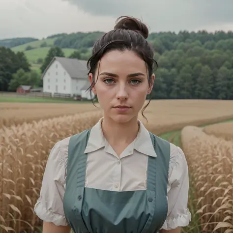 obra de arte, retrato perfeito, (CRU), iluminação natural, foto de um (três belas mulheres Amish com cabelo preto curto puxado para trás em um coque apertado), Rosto Perfeito, olhos azuis, (usando vestido feito à mão, apron), seios grandes, SFW, (pele altamente detalhada), [[[sardas]]], [[marcas de beleza]], pele pálida, fundo é fazenda rural da Pensilvânia, (celeiro:0.9), Campo de milho, bela vegetação, grama verde, iluminação sombria, (nublado), fotografado em uma Canon AE-1, 55mmf1.9 lentes, Expirado (Kodak Color Plus 200:1.2) film, 35mm, ISO 200, ((grão de filme)), medium fechar-se, [[[fechar-se]]]