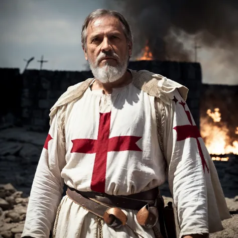 arafed man in a white and red outfit standing in front of a fire