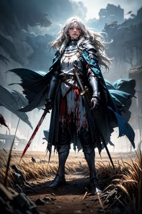 a woman in armor standing in a field with a sword