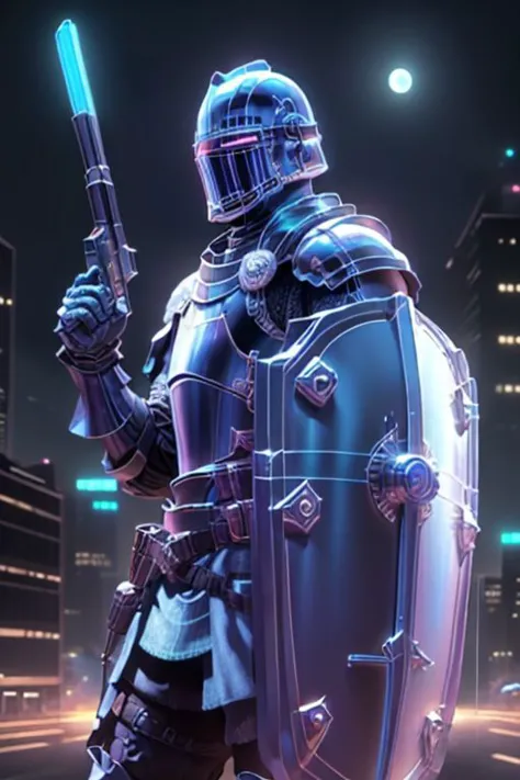 a man in armor holding a sword and shield in a city