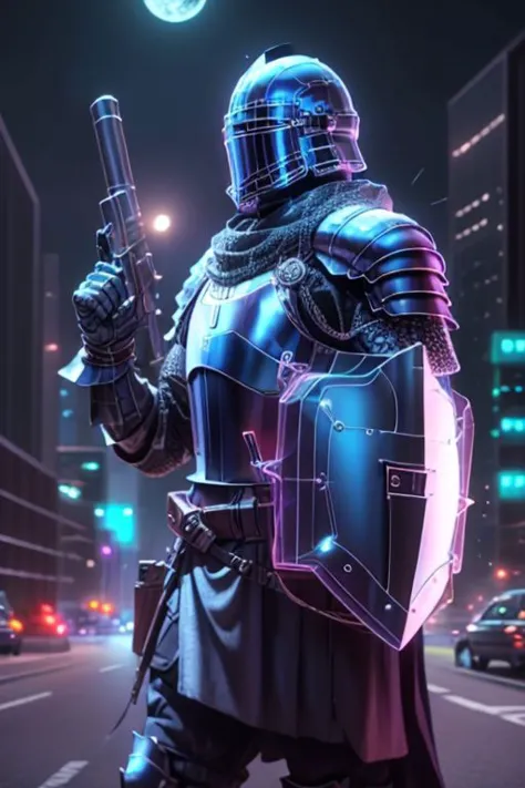 a man in armor holding a gun on a city street