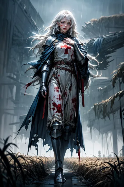 a woman in a bloody costume standing in a field