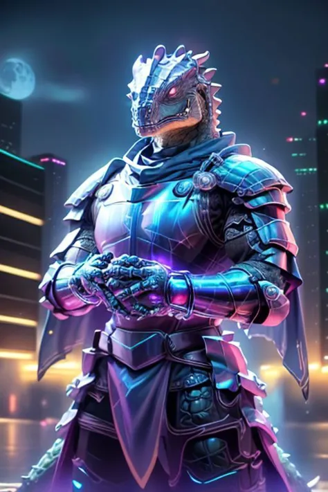 a man in armor standing in front of a city at night