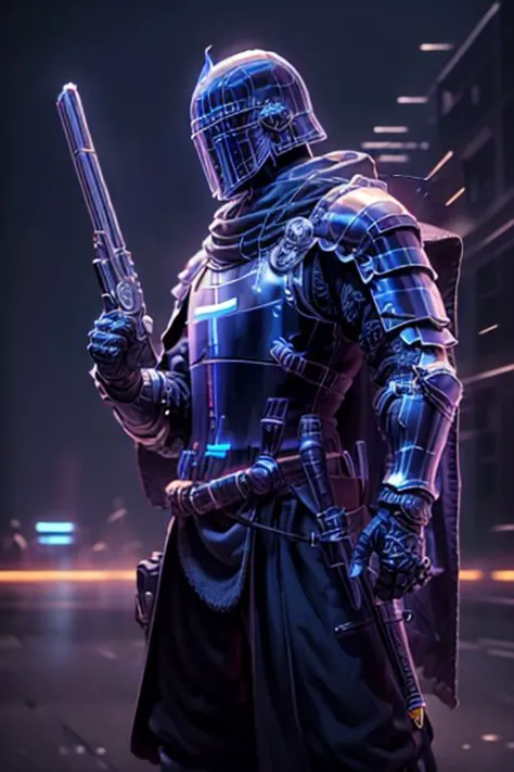 a man in armor holding a gun in a city