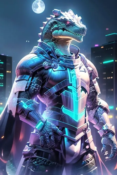 a man in armor standing in front of a city at night