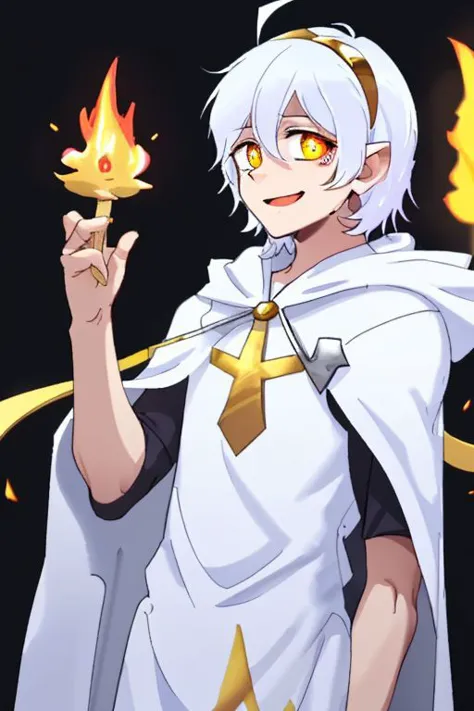 1boy, solo male, solo, a tall lanky twink male with white hair and yellow eyes and A shaped crazy pupils who is a cleric wearing...