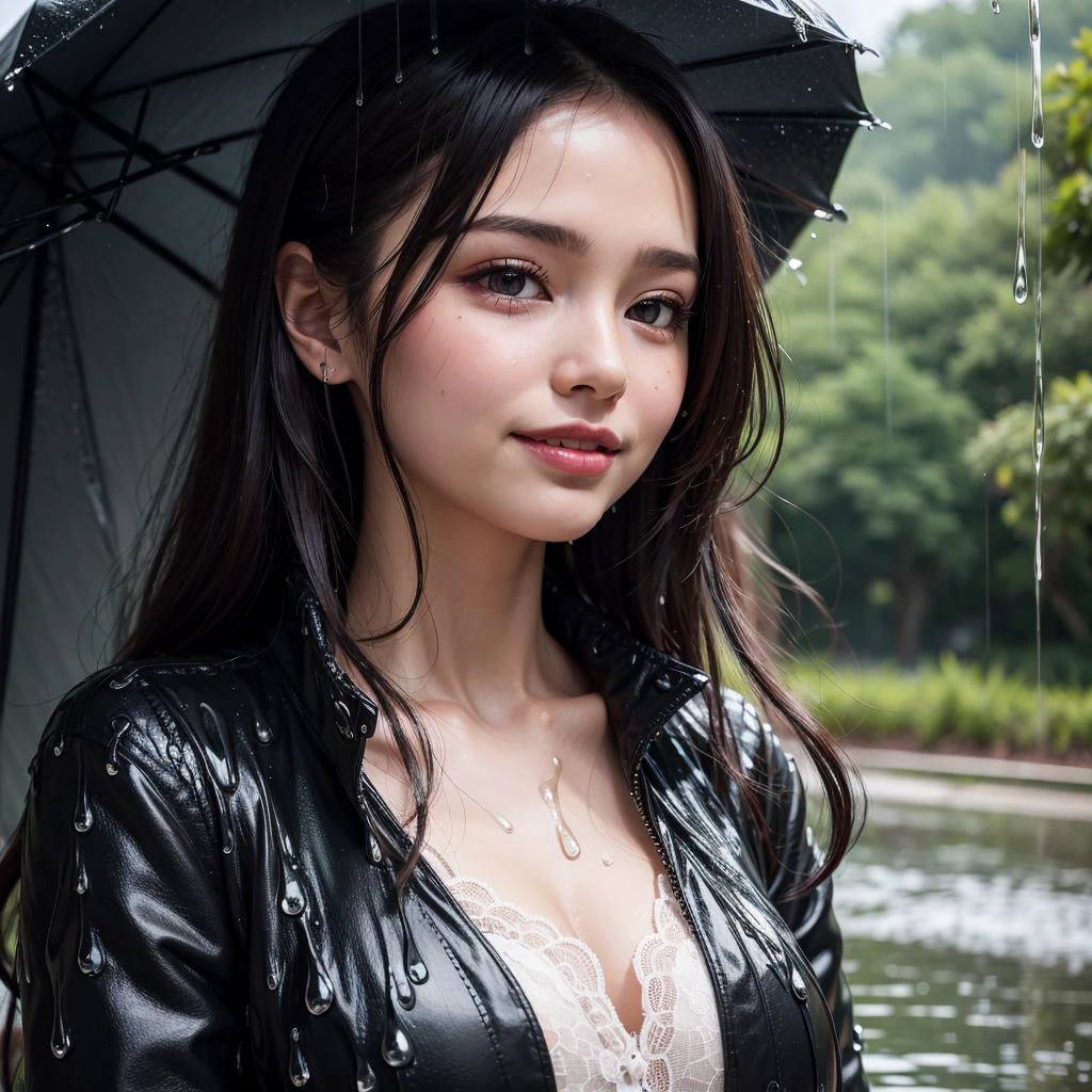 ((sfw:1.2)), rain, ((dripping waster:1.2)), (8k, RAW photo, best quality, masterpiece:1.2), young  beautiful girl, ultra detailed, official art, unity 8k wallpaper, (finely detailed face:1.2), (smiling:1.2), (street:1.0), jumpsuit, cropped blazer, mules