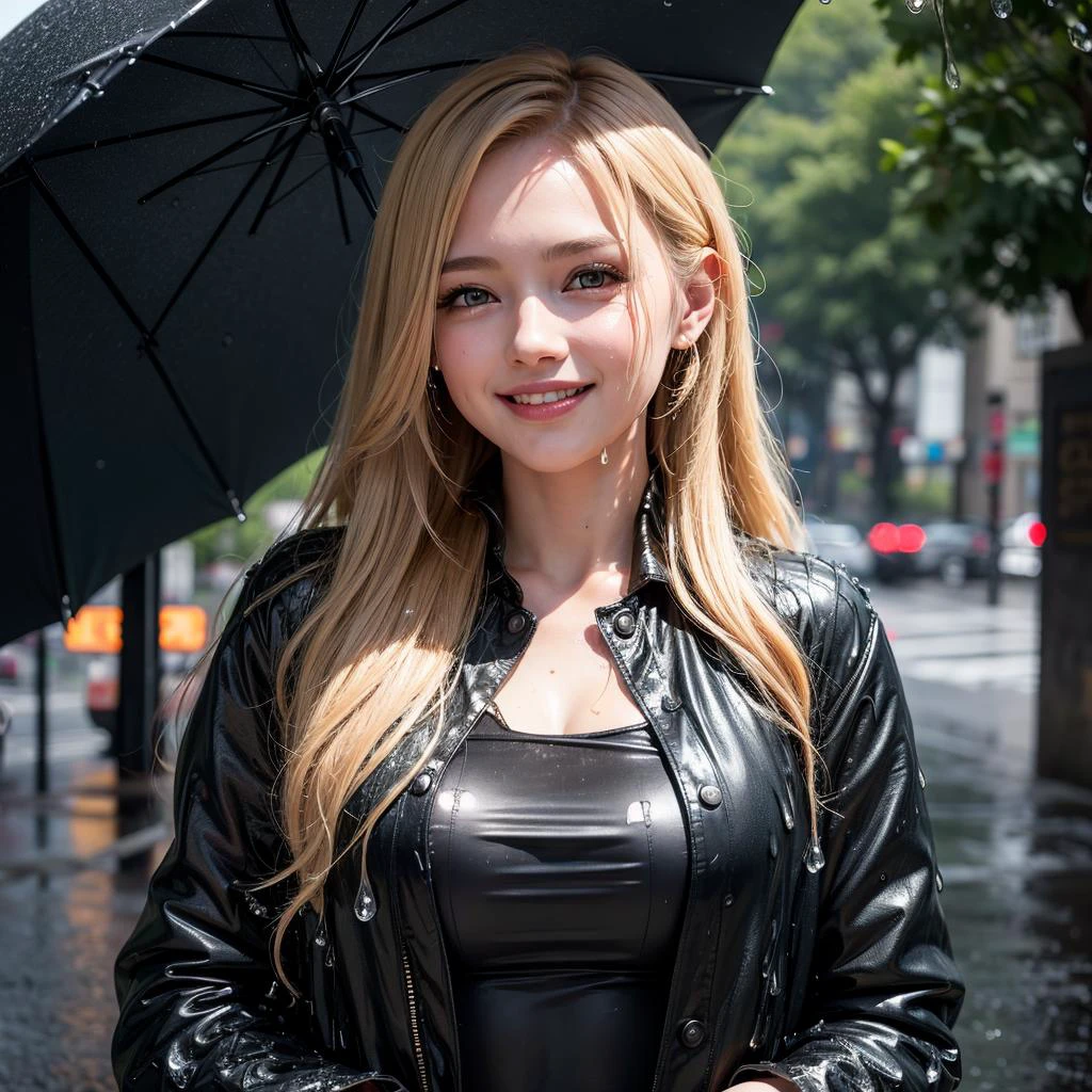 ((sfw:1.2)), rain, ((dripping waster:1.2)), (8k, RAW photo, best quality, masterpiece:1.2), young  beautiful girl, ultra detailed, official art, unity 8k wallpaper, (finely detailed face:1.2), (smiling:1.2), (street:1.0), jumpsuit, cropped blazer, mules