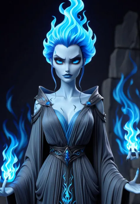 (((masterpiece))) , (((best quality))) , anime style, 2d, well-built charming 1girl, solo, lovely 1girl, Hades-ish, beautiful gorgeous Young Angelina Jolie, (blue flames instead of hair), long flowing elegant skull motif robe, (stone dungeon background:1.2), she has Shaved sides hair, key visual, 