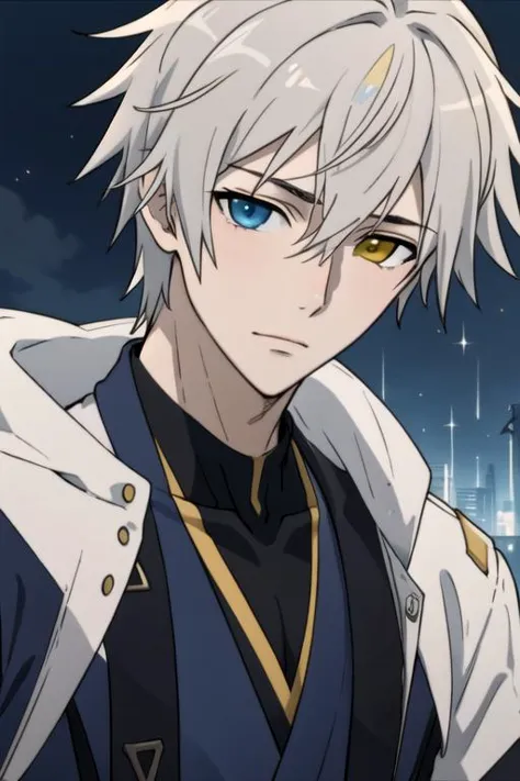 a man with white hair and blue eyes standing in front of a city