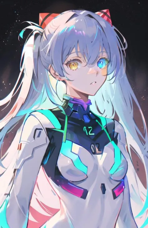 souryuu asuka langley, interface headset, heterochromia, rainbow order, white bodysuitmasterpiece,best quality,illustration,beautiful pixiv illust,concept art,neon material,germ,pvc,(flat color),glow,8k,material