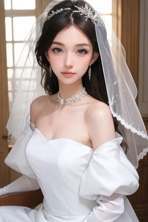 masterpiece, high quality,1girl, pov,  sitting, wedding dress, bridal veil, elbow gloves, off shoulder, hair ornament, earrings, choker,<lora:GoodHands-beta2:1>  <lora:xeyu_v1-000007:0.55>