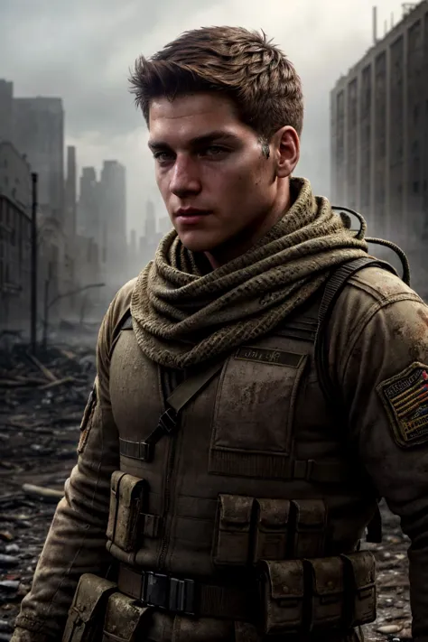 a close up of a man in a military uniform standing in a city