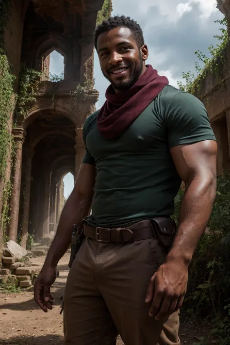 cinematic movie still of a young and handsome black archaeologist adventurer, dark skin, (t-shirt and scarf:1.1), manly action hero, athletic, stubble, in a mysterious ruins, charming smile, photorealistic, extremely detailed, subsurface scattering, volumetrics, dramatic angle, cinematic lighting