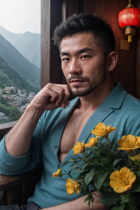 arafed man sitting on a balcony with a bouquet of flowers