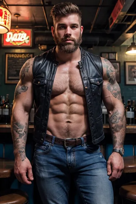 a man with a beard and tattoos standing in a bar