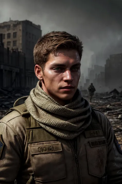 a man in a military uniform standing in a destroyed city