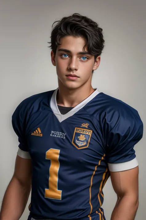 a close up of a young man in a football uniform posing for a picture