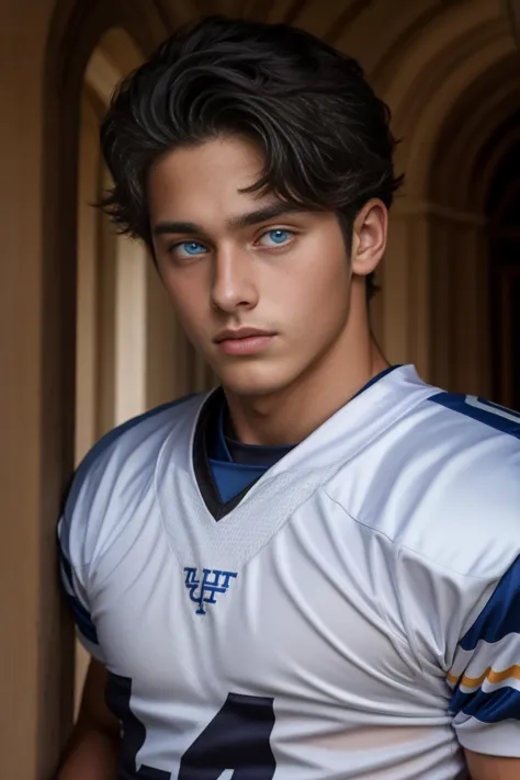 <lora:Aiden_GV_2.0:1> 1boy, Aiden, 18 year old male portrait, vivid black hair, bright blue eyes, football uniform