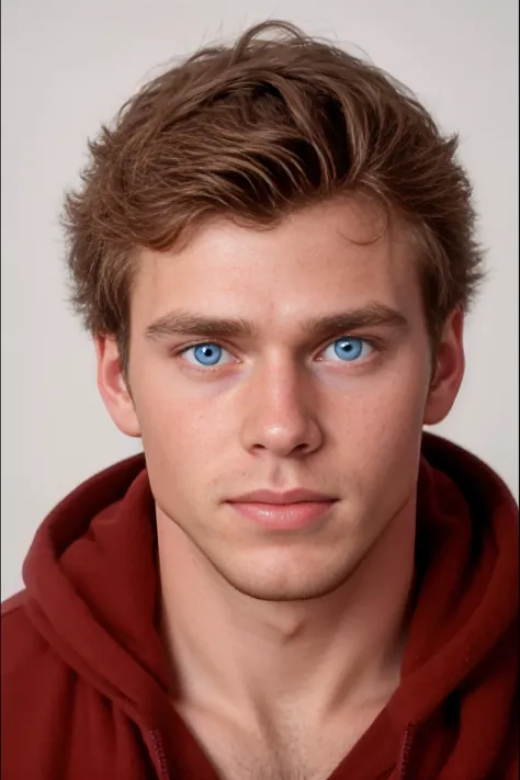 a close up of a man with a red hoodie and blue eyes