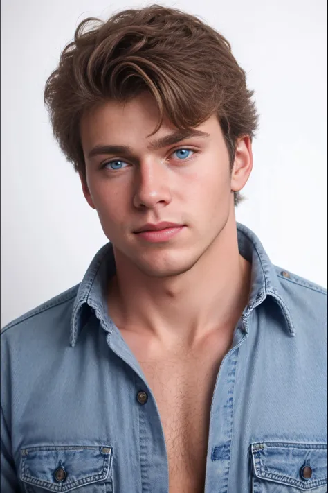 <lora:Jon-Erik_Hexum_1.5_GV:1> 1boy, An incredibly attractive, beautiful young brown haired, blue-eyed man, portrait, denim shirt