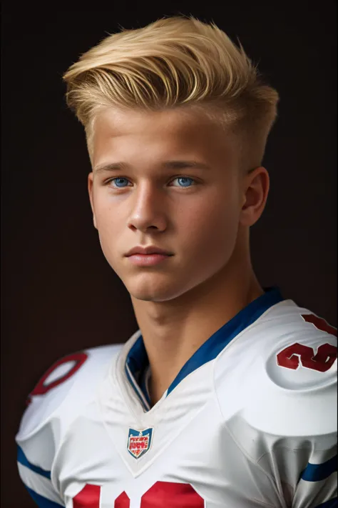 a close up of a young man wearing a football uniform