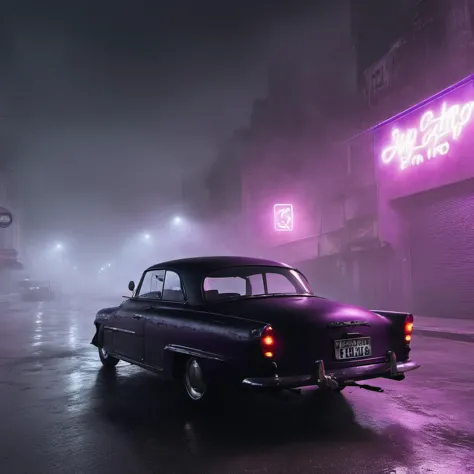 purple neon sign on a building in the fog