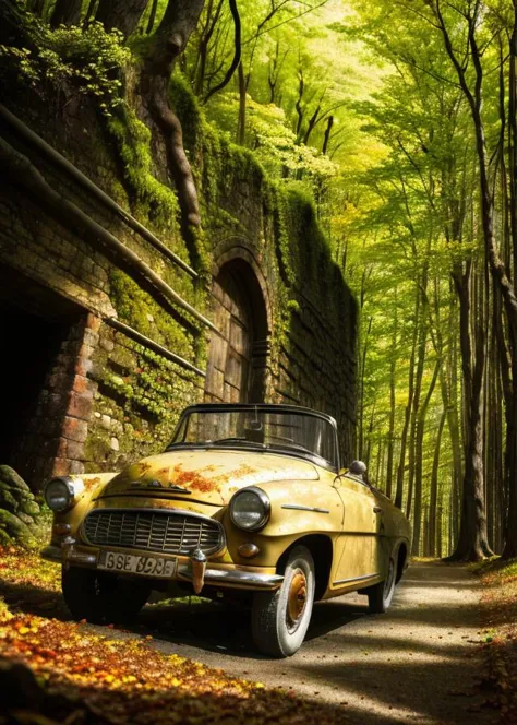 yellow car parked in a forest with a tunnel in the background