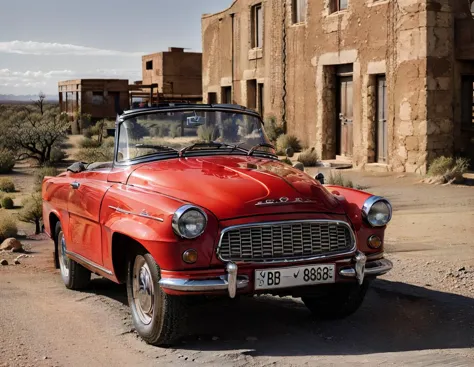 there is a red car parked in front of a building