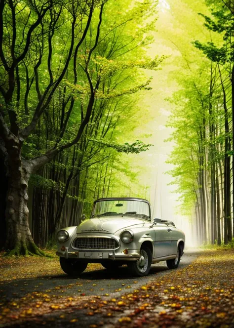 a vintage car driving down a road in the middle of a forest