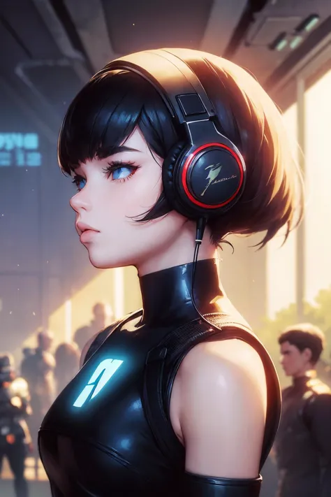 a woman in a black leather outfit with headphones on