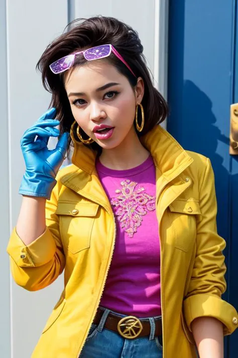 photo realistic, full color, (OverallDetail:1.1), (jubilee, exquisitely cute girl), (jubilee, short black hair, brown eyes), (jubJak, denim shorts , open yellow jacket, purple shades on head, hoop earrings ,((blue gloves)), pink shirt, ((blue boots))),  (clear eyes:1,1), (closed mouth, chewing bubble gum):1.3, (sparkles):1.23, <lora:jubilee2-10:0.6>