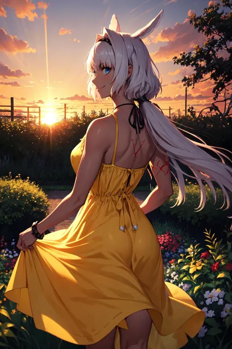 anime girl in yellow dress walking in a field of flowers