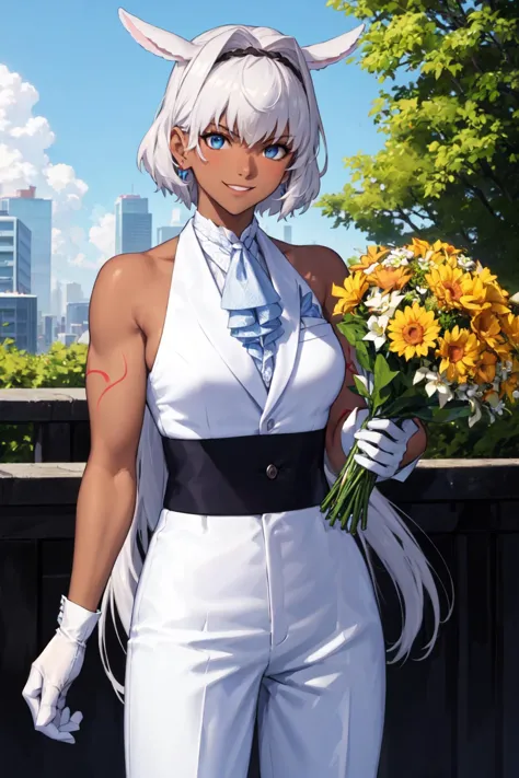 (masterpiece, best quality), outdoors, summer, cowboy shot, 1girl, solo, Caenis, FormalRider, white formal suit, black sash, white gloves, white pants, sleeveless, white ascot, bare shoulders, blue eyes, animal ears, dark-skinned female, body markings, long hair, <lora:CaenisFGO_V1-Manityro-AdamW:1>, toned, biceps, looking at viewer, smile, black hairband, holding bouquet,