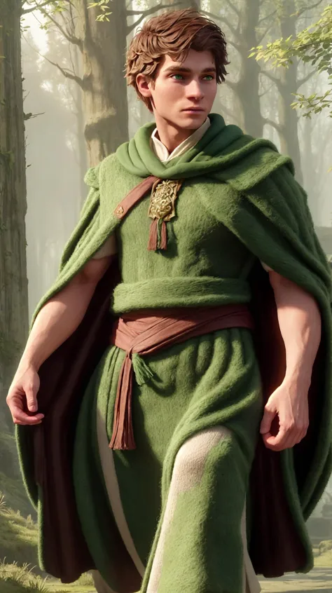 (face focus). (masculine:1.3), large strong physique:1.0, walking down forest pathway, (muscular;1.2), large muscles:1.1, ((wearing thick large long flowing simple green wool fantasy wizard robes:1.3)), (wearing matching long flowing cape:1.2), (green eyes), (fantasy theme:1.3), styled hair, confident, handsome, (((masterpiece))), (((best quality))), (dignified pose:1.2), male, athletic, looking at viewer, (short hair), SebbySallow,  <lora:SebbySallow (1):0.9>