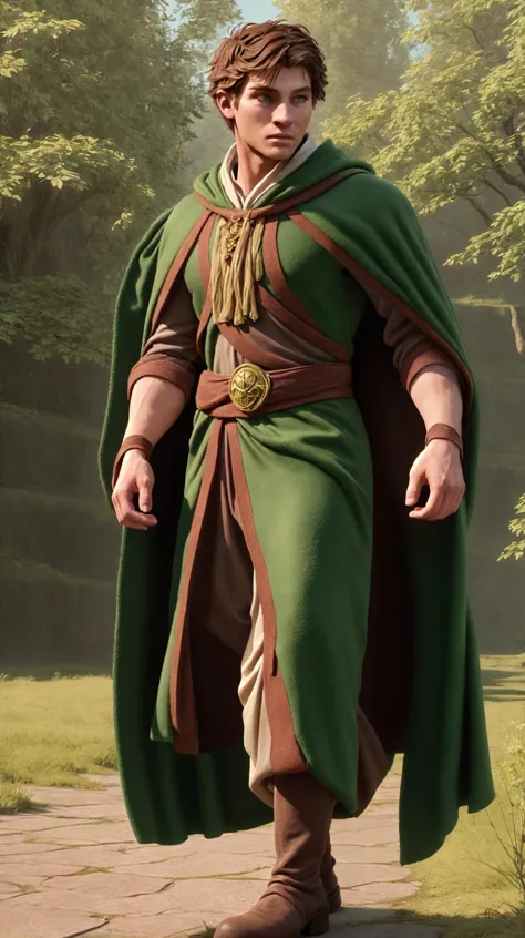 (face focus). (masculine:1.3), large strong physique:1.0, walking down forest pathway, (muscular;1.2), large muscles:1.1, ((wearing thick large long flowing simple green wool fantasy wizard robes:1.3)), ((wearing large matching long flowing cape:1.3)), (wearing matching long flowing skirt:1.2), (wearing matching boots),  (green eyes), (fantasy theme:1.3), styled hair, confident, handsome, (((masterpiece))), (((best quality))), (dignified pose:1.2), male, athletic, looking at viewer, (short hair), SebbySallow,  <lora:SebbySallow (1):0.9>