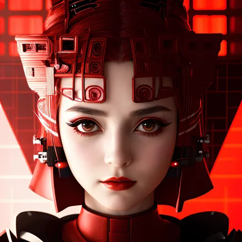 queen amidala as cybernetic geisha, red kemano, against the dark corridors of a fantasy spaceship, style artist oyari ashito, anime, manga graphics, super detailed, flickering light, speed, 8K, UHD, super resolution, portrait, third person view, Halogen, Moody Lighting