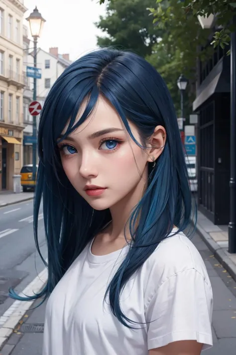 best quality, masterpiece, blue hair, blue eyes, street, street lamp, upper body